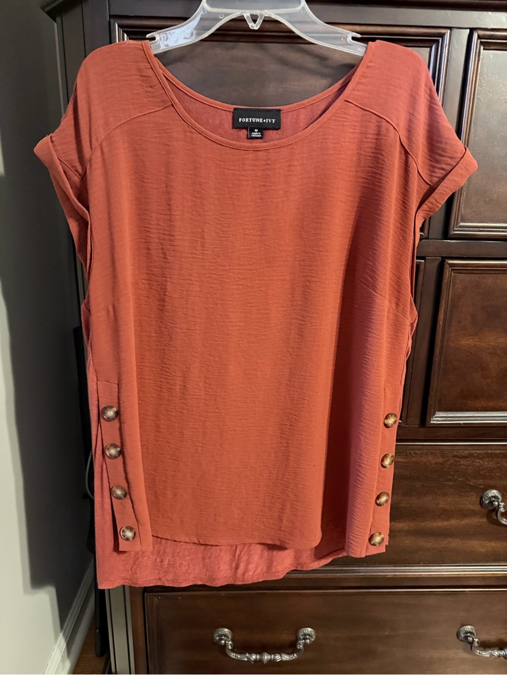 Fortune + Ivy Rust Short Sleeve Button-Accent Blouse